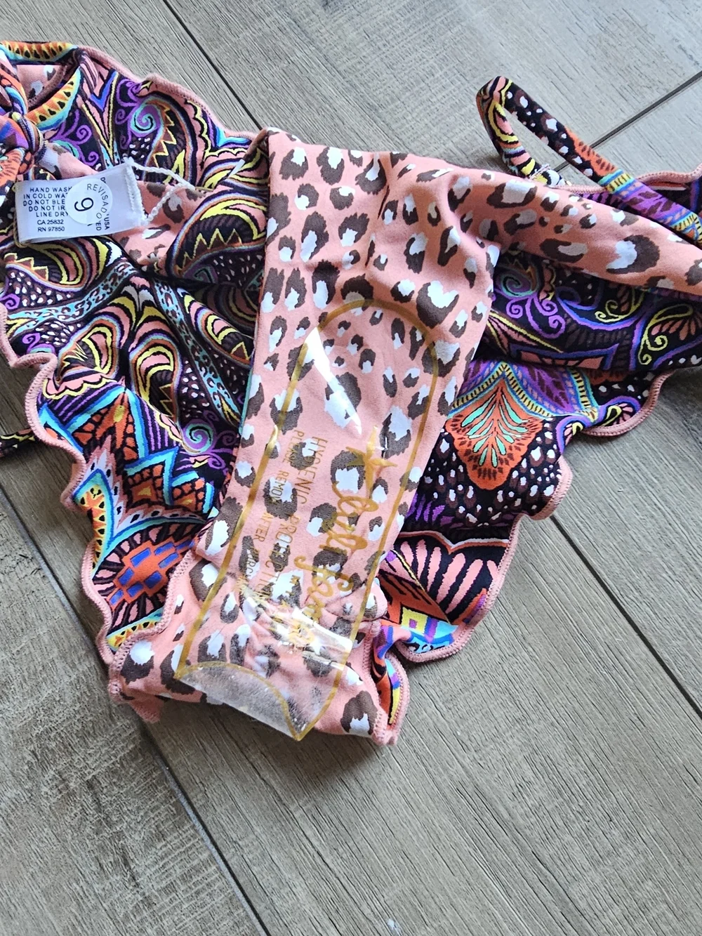 Luli Fama Pink Leopard & Paisley Print Bikini Top with Multicolor Braided Ties